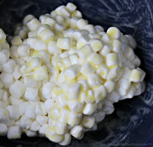 Start with melted marshmallows for the Goldfish Crackers Marshmallow Bars recipe!