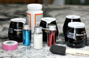 Items needed for glitter wine glasses craft!