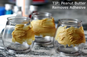 Peanut Butter removes adhesive for your glitter wine glasses craft!
