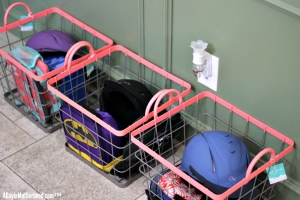 Wire baskets are perfect for an easy backpack station