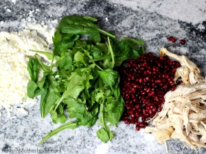 The ingredients for Rotisserie Chicken Arugula Pomegranate Pizza Recipe are easier with POM POM