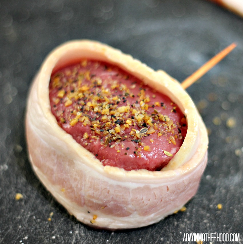 Wrap the steak well and use a toothpick to help seal your Bacon Wrapped Steak & Potatoes