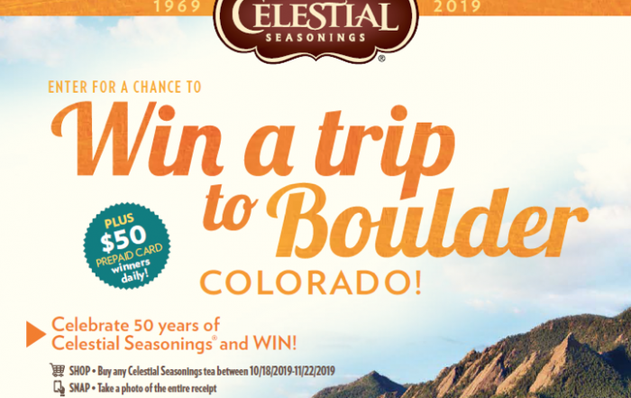 Win a trip to boulder Colorado from Celestial Seasonings Tea banner. Click to win