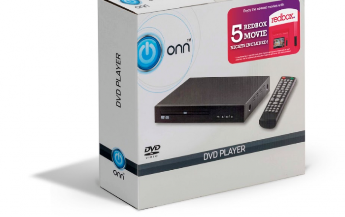Get 5 FREE Movies at Walmart with a ONN DVD Player Purchase - box with Redbox logo